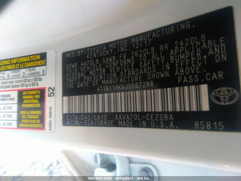 2018 TOYOTA CAMRY LE/SE/XLE/L - 4T1B11HKXJU567288