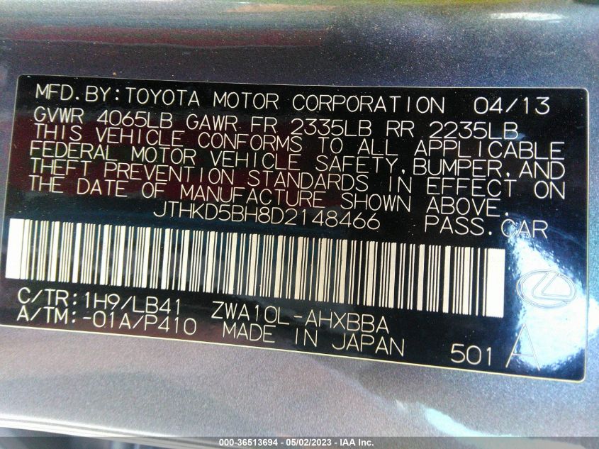 2013 LEXUS CT 200H HYBRID - JTHKD5BH8D2148466