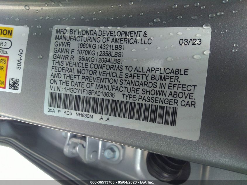 2023 HONDA ACCORD SEDAN EX - 1HGCY1F38PA018636