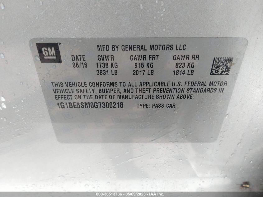 2016 CHEVROLET CRUZE LT - 1G1BE5SM0G7300218