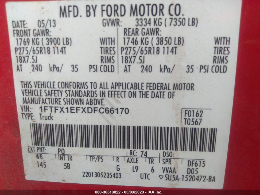 2013 FORD F-150 XL/STX/XLT/FX4/LARIAT - 1FTFX1EFXDFC66170