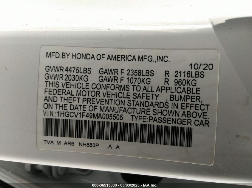 2021 HONDA ACCORD SEDAN SPORT SE - 1HGCV1F49MA005505