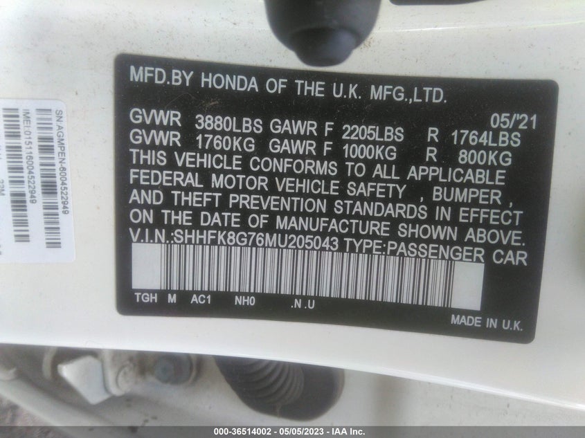 VIN SHHFK8G76MU205043 2021 HONDA CIVIC TYPE R TOURING