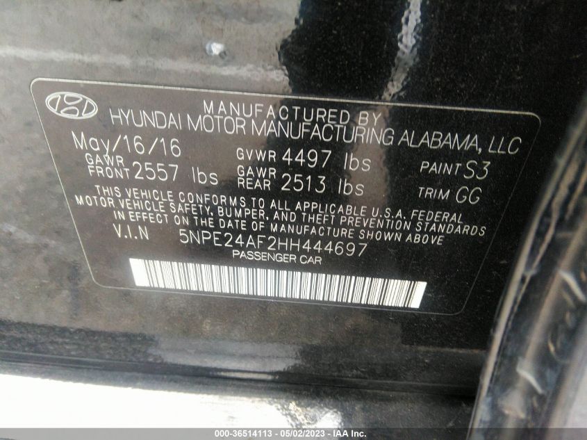 2017 HYUNDAI SONATA 2.4L - 5NPE24AF2HH444697