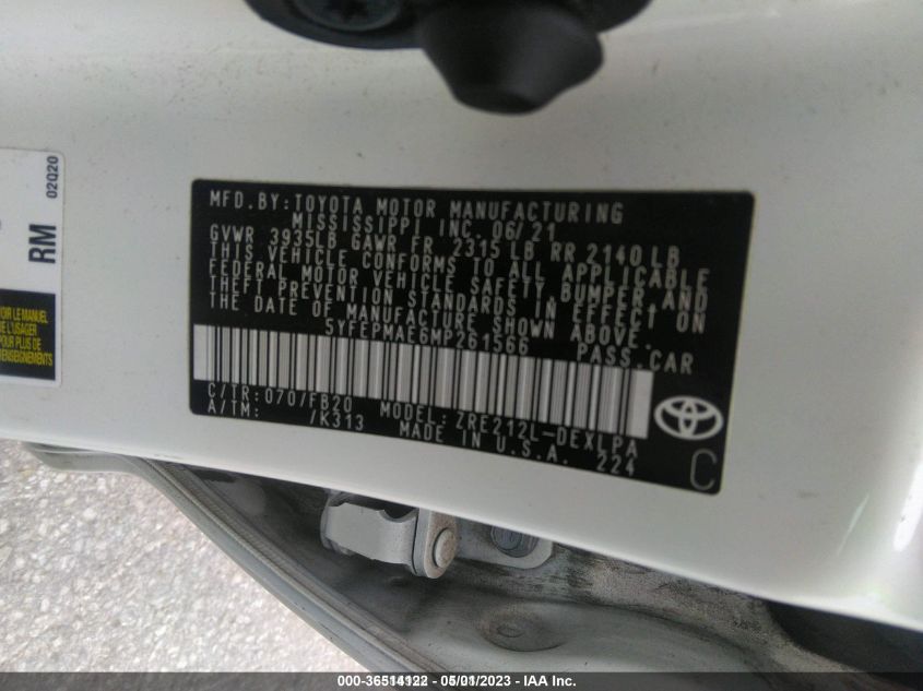 2021 TOYOTA COROLLA LE - 5YFEPMAE6MP261566