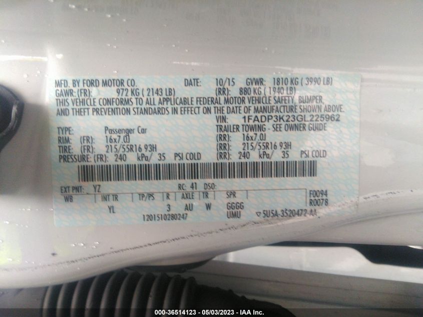 2016 FORD FOCUS SE - 1FADP3K23GL225962