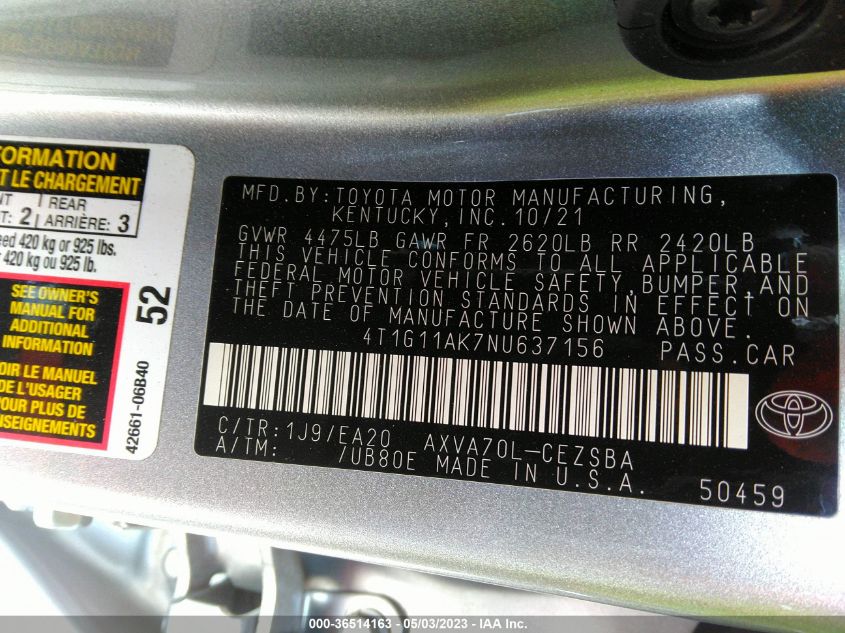2022 TOYOTA CAMRY SE - 4T1G11AK7NU637156