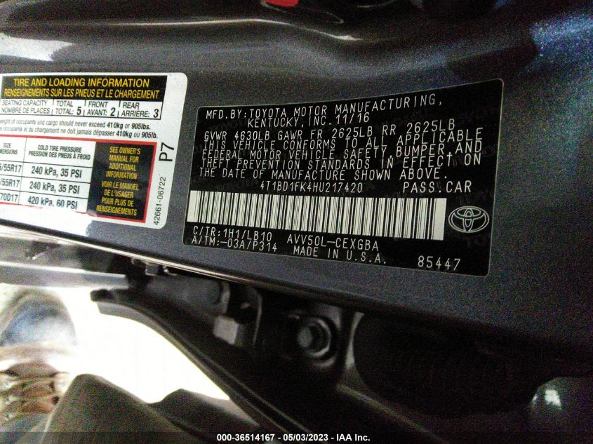 2017 TOYOTA CAMRY HYBRID - 4T1BD1FK4HU217420