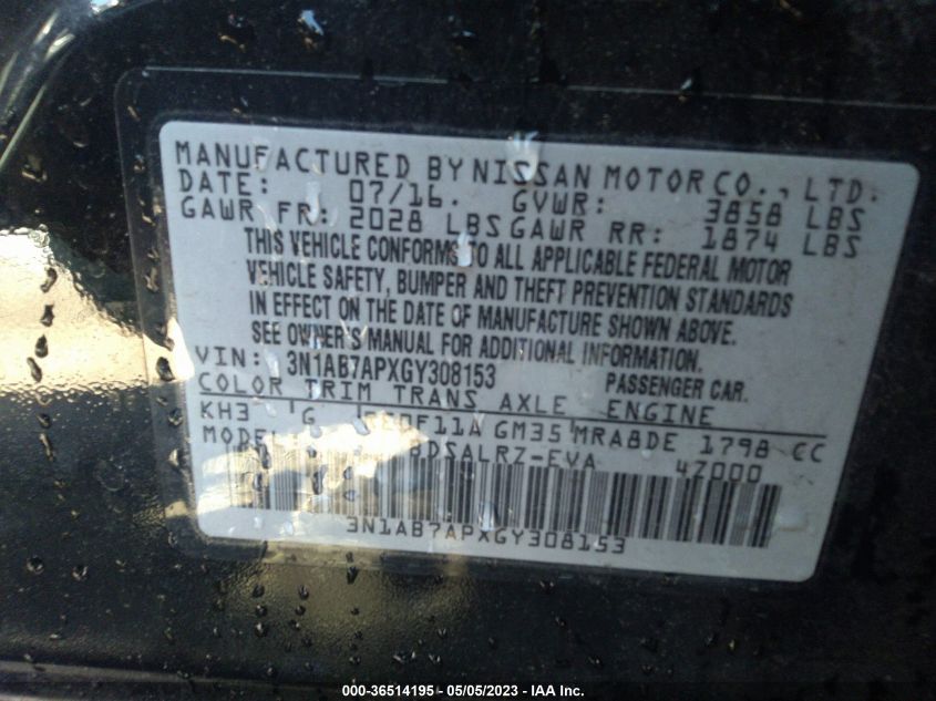 2016 NISSAN SENTRA SR - 3N1AB7APXGY308153