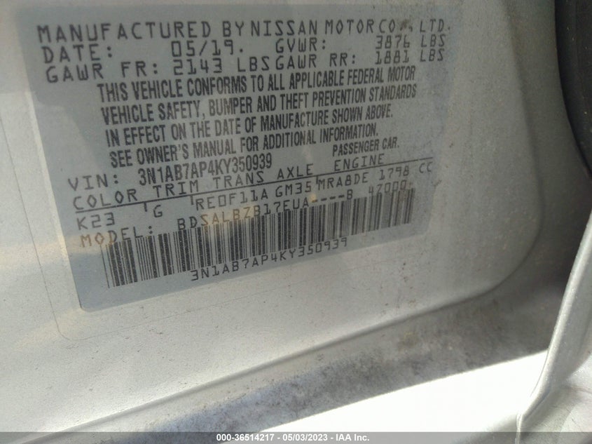 VIN 3N1AB7AP4KY350939 2019 NISSAN SENTRA S
