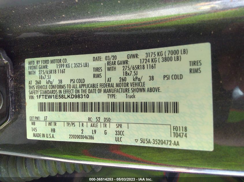 2020 FORD F-150 XL/XLT/LARIAT - 1FTEW1E58LKD98310