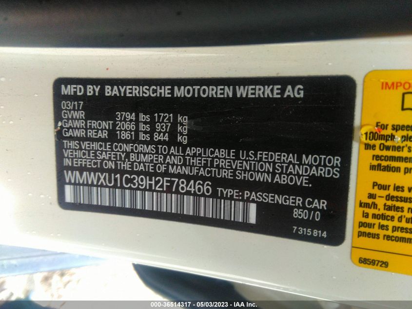 2017 MINI HARDTOP 4 DOOR COOPER - WMWXU1C39H2F78466