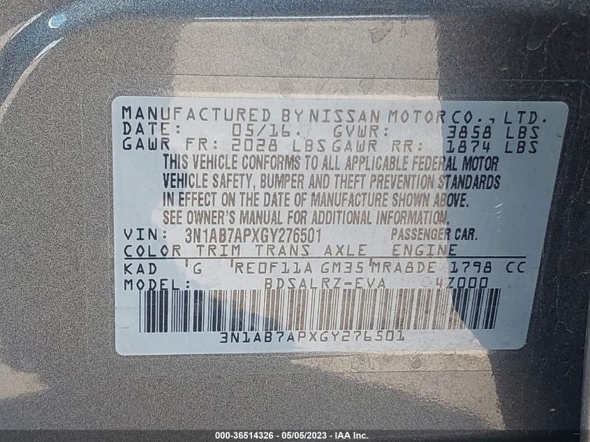 2016 NISSAN SENTRA SR - 3N1AB7APXGY276501