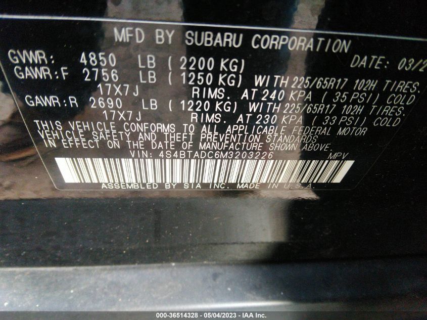 2021 SUBARU OUTBACK PREMIUM - 4S4BTADC6M3203226