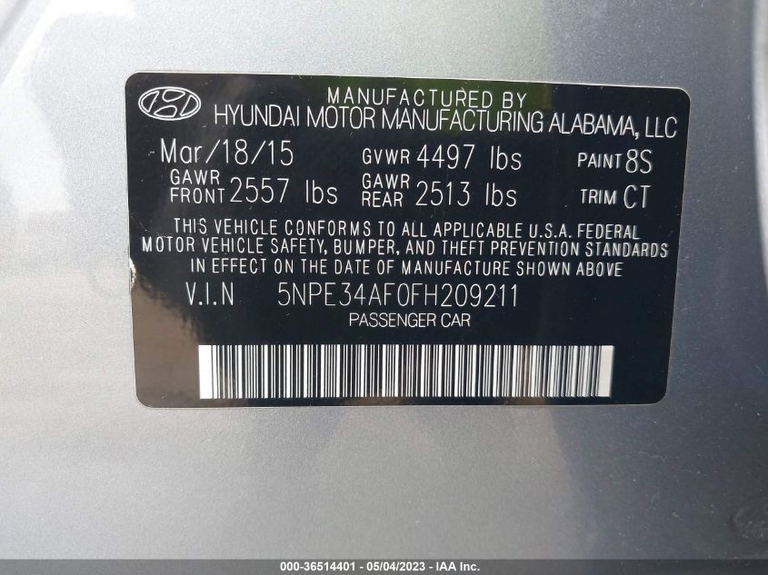 2015 HYUNDAI SONATA 2.4L LIMITED - 5NPE34AF0FH209211