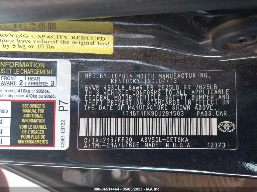 2013 TOYOTA CAMRY L/LE/SE/XLE - 4T1BF1FK9DU291503