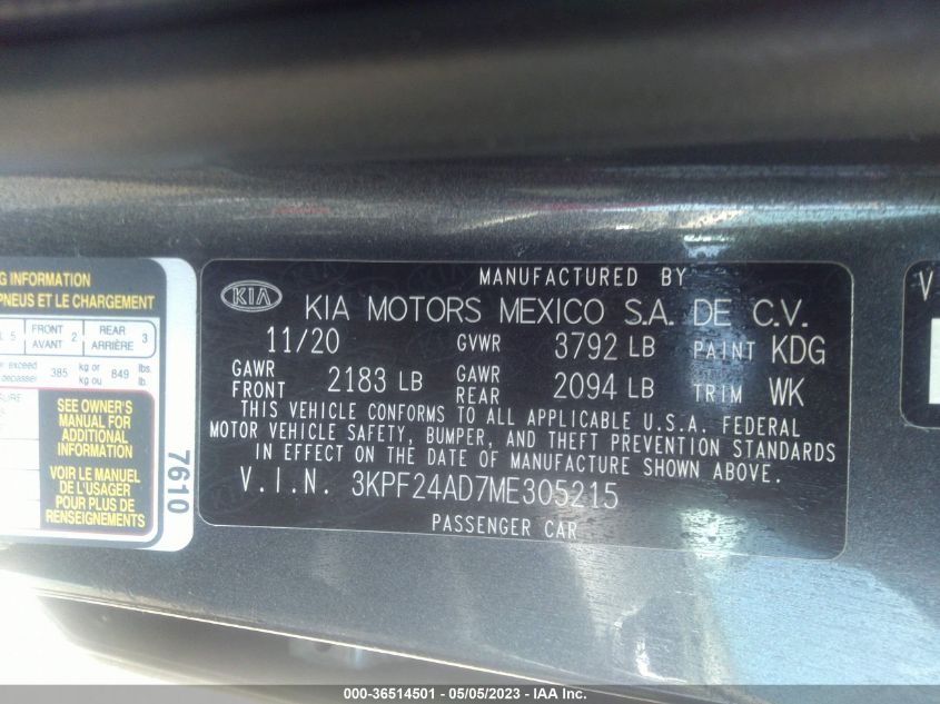 2021 KIA FORTE LXS - 3KPF24AD7ME305215