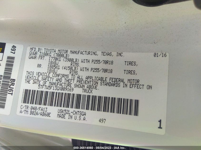 2016 TOYOTA TUNDRA 2WD TRUCK SR/SR5 - 5TFTW5F13GX009169