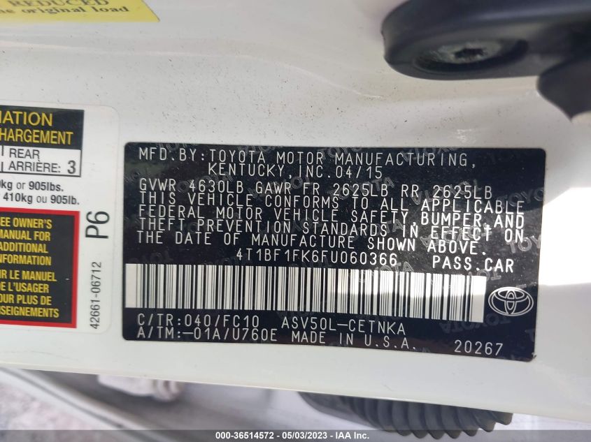 2015 TOYOTA CAMRY XLE/SE/LE/XSE - 4T1BF1FK6FU060366