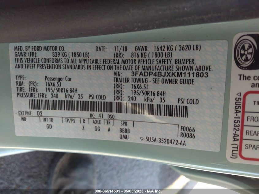 2019 FORD FIESTA SE - 3FADP4BJXKM111803