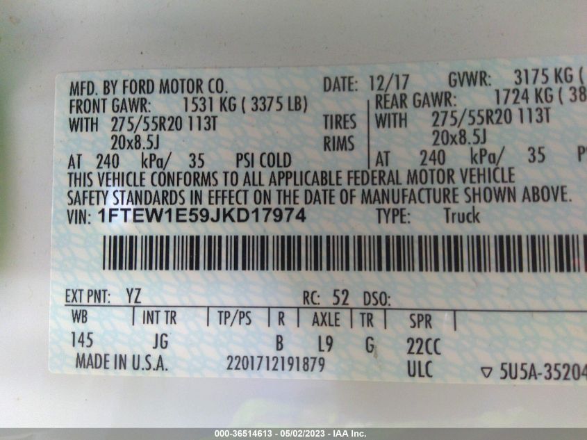 2018 FORD F-150 XL/XLT/LARIAT - 1FTEW1E59JKD17974