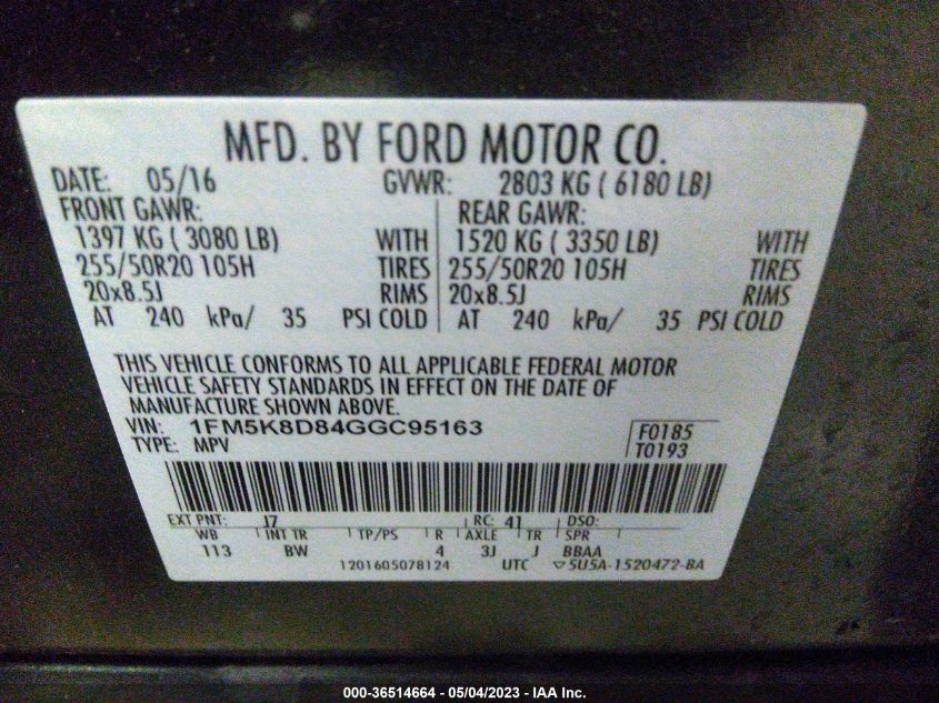 2016 FORD EXPLORER XLT - 1FM5K8D84GGC95163