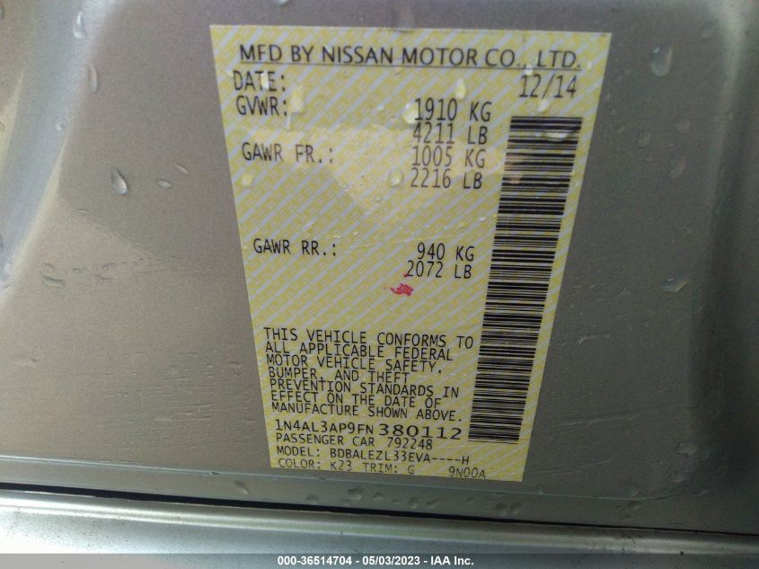 2015 NISSAN ALTIMA 2.5 S - 1N4AL3AP9FN380112