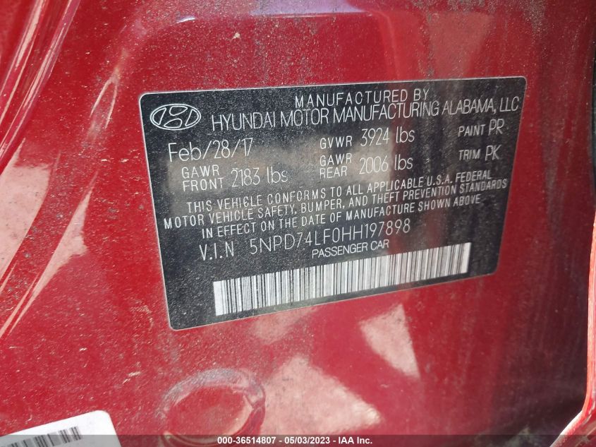 2017 HYUNDAI ELANTRA SE - 5NPD74LF0HH197898