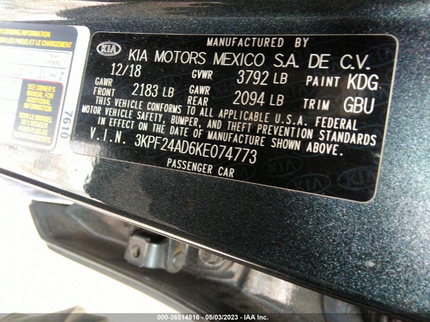 2019 KIA FORTE LXS - 3KPF24AD6KE074773