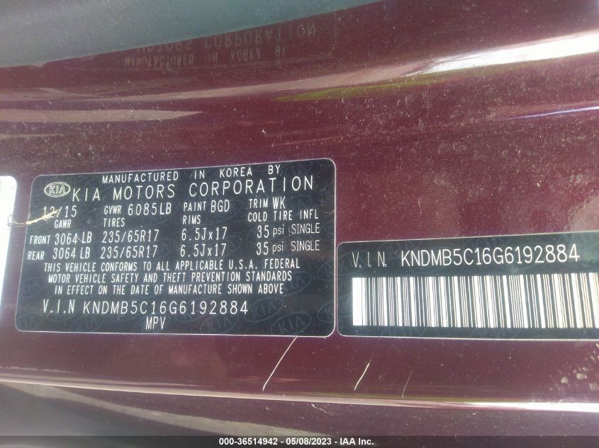 2016 KIA SEDONA LX - KNDMB5C16G6192884