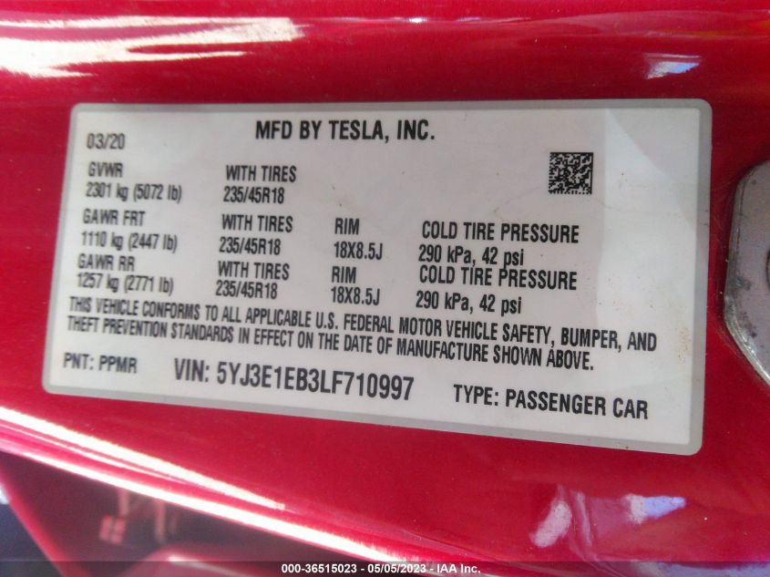 2020 TESLA MODEL 3 LONG RANGE - 5YJ3E1EB3LF710997