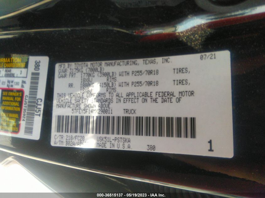 2021 TOYOTA TUNDRA 2WD SR5 5TFEY5F14MX290011