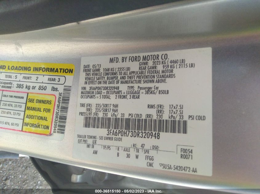 2013 FORD FUSION SE - 3FA6P0H73DR320948