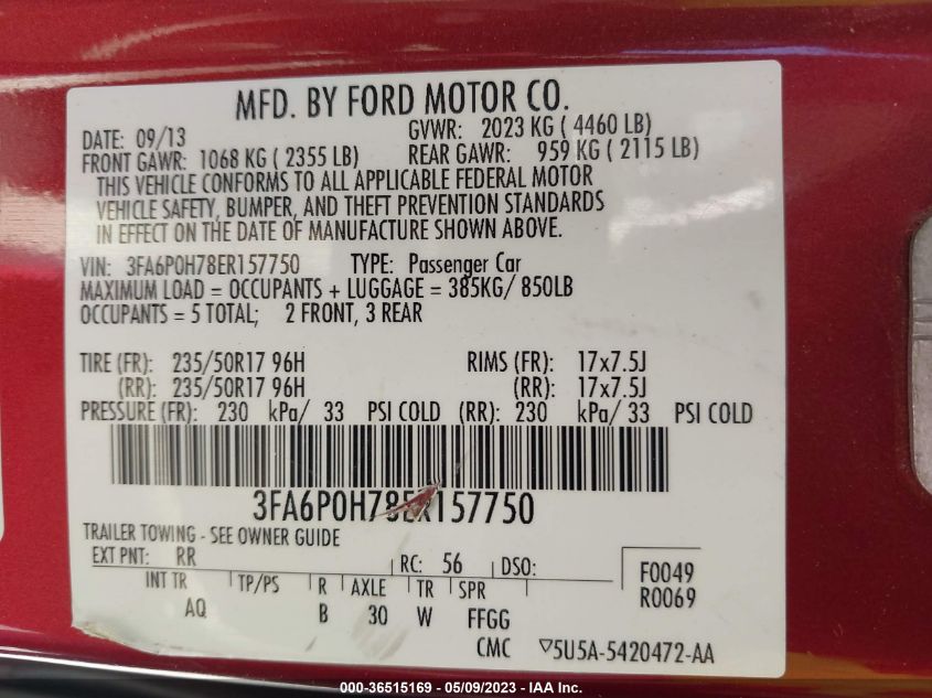 2014 FORD FUSION SE - 3FA6P0H78ER157750