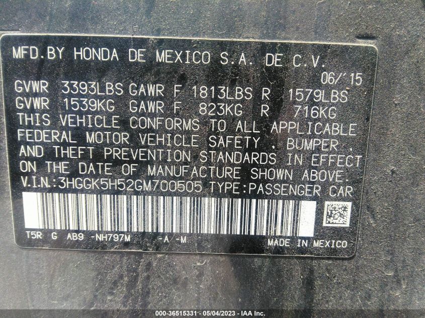 2016 HONDA FIT LX - 3HGGK5H52GM700505