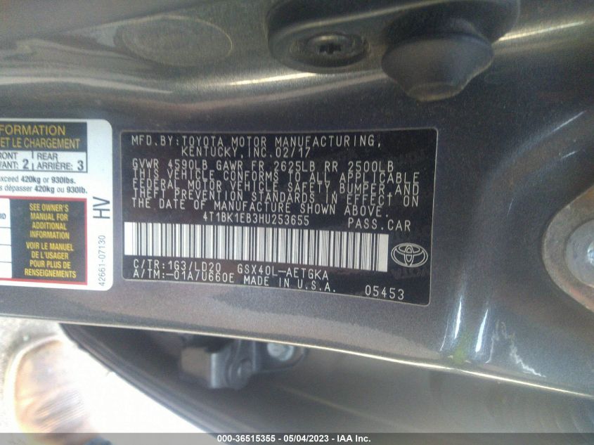 Auction sale of the 2017 TOYOTA AVALON , vin: 4T1BK1EB3HU253655, lot number: 36515355