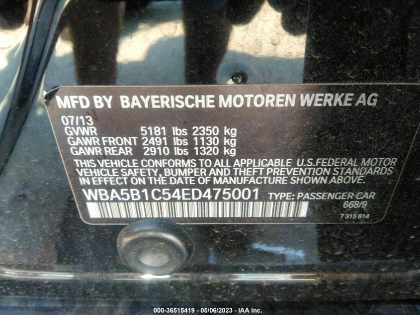2014 BMW 5 SERIES 535I - WBA5B1C54ED475001