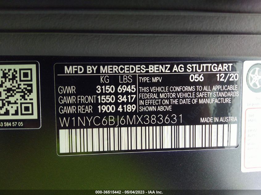 2021 MERCEDES-BENZ G-CLASS G 550 W1NYC6BJ6MX383631