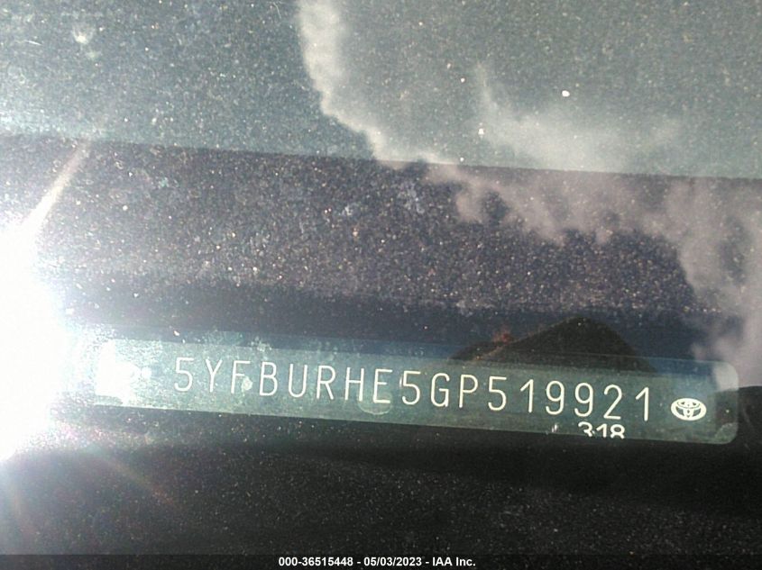 2016 TOYOTA COROLLA L/LE/S/S PLUS/LE PLUS - 5YFBURHE5GP519921