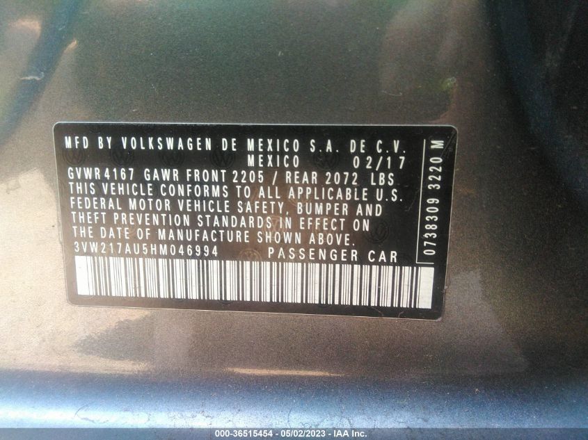 2017 VOLKSWAGEN GOLF S - 3VW217AU5HM046994