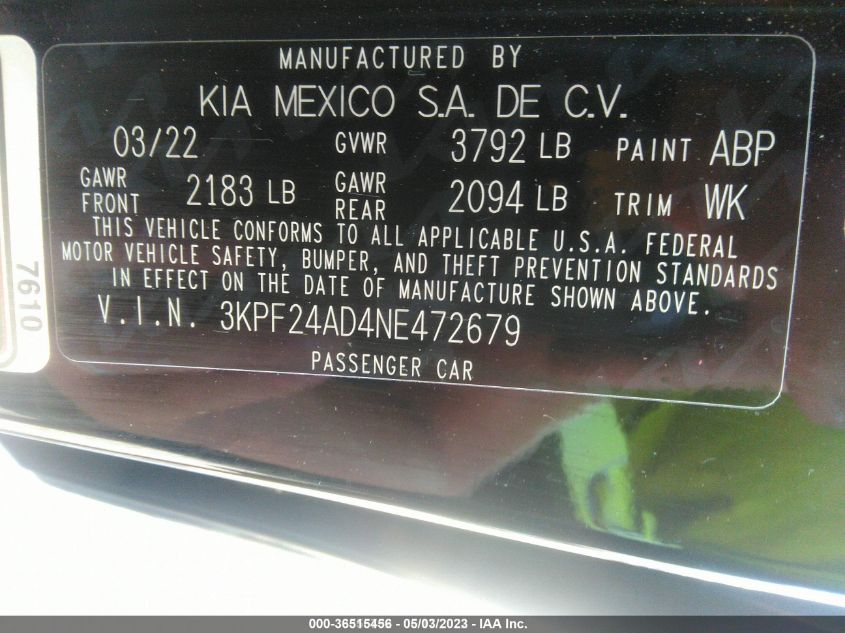 2022 KIA FORTE LXS - 3KPF24AD4NE472679