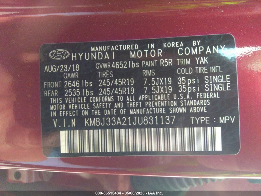 2018 HYUNDAI TUCSON LIMITED - KM8J33A21JU831137