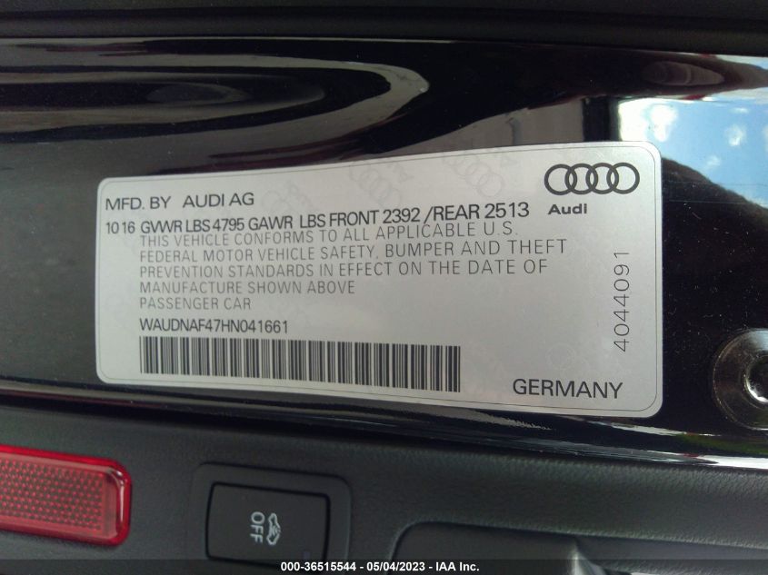 2017 AUDI A4 SEASON OF AUDI PREMIUM - WAUDNAF47HN041661