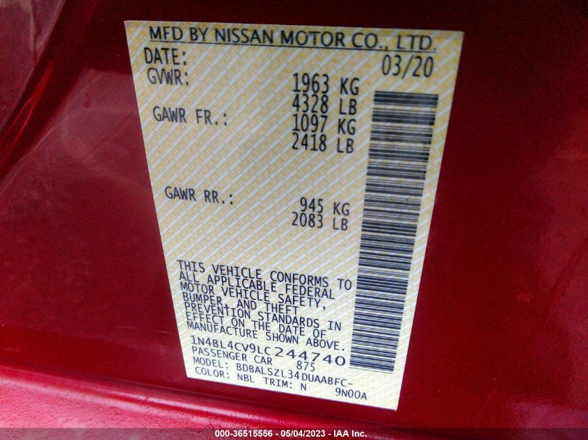 2020 NISSAN ALTIMA 2.5 SR - 1N4BL4CV9LC244740