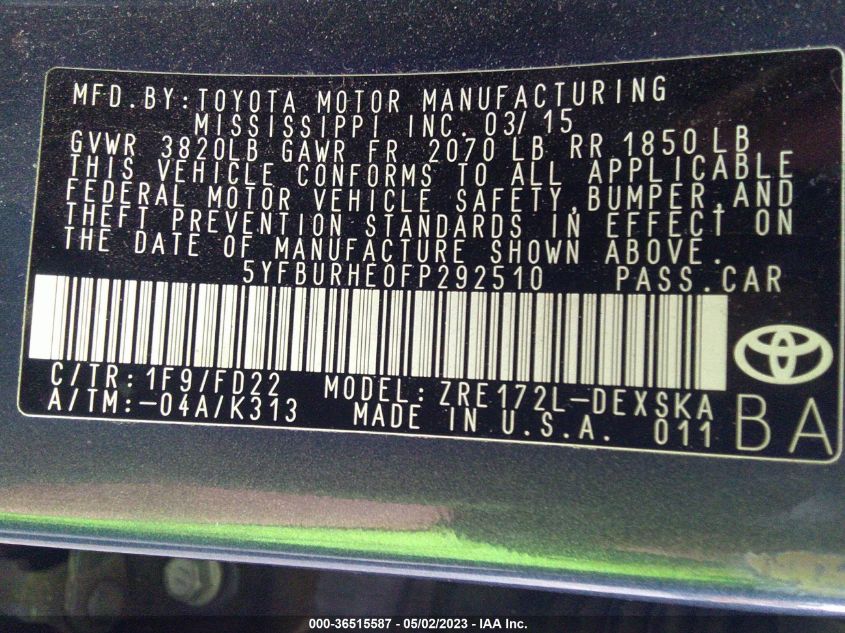 2015 TOYOTA COROLLA S - 5YFBURHE0FP292510