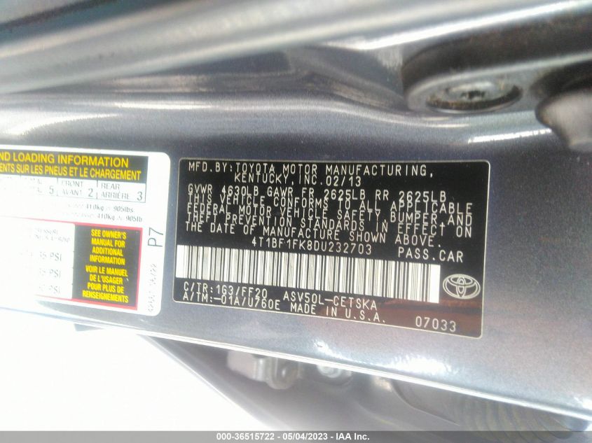 2013 TOYOTA CAMRY L/LE/SE/XLE - 4T1BF1FK8DU232703