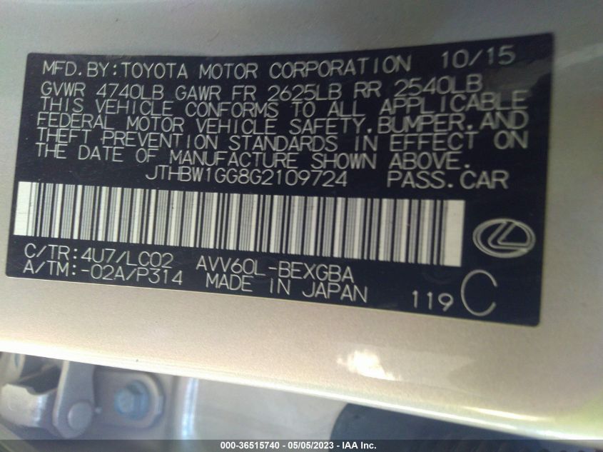 2016 LEXUS ES 300H HYBRID - JTHBW1GG8G2109724