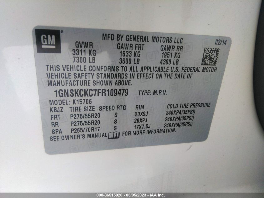 2015 CHEVROLET TAHOE LTZ - 1GNSKCKC7FR109479