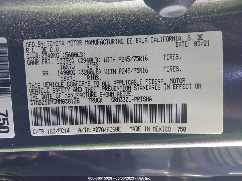 VIN 3TMBZ5DN3MM030128 2021 TOYOTA TACOMA 2WD SR5/TRD SPORT