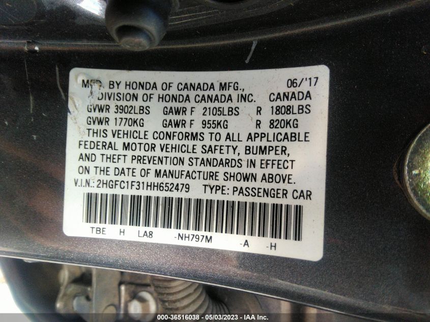 2017 HONDA CIVIC SEDAN EX-T - 2HGFC1F31HH652479